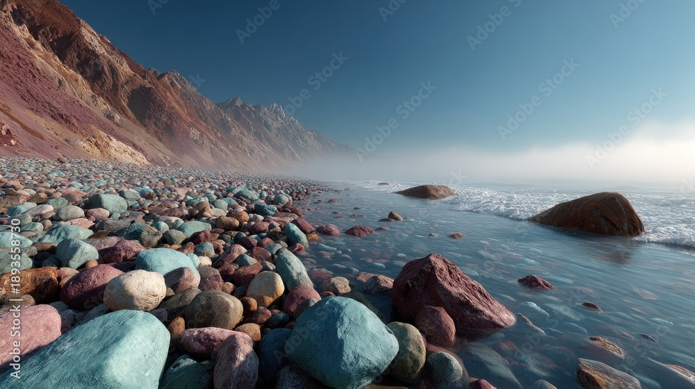 Obraz premium Rocky beach with mountains, mist, and clear water on a sunny day
