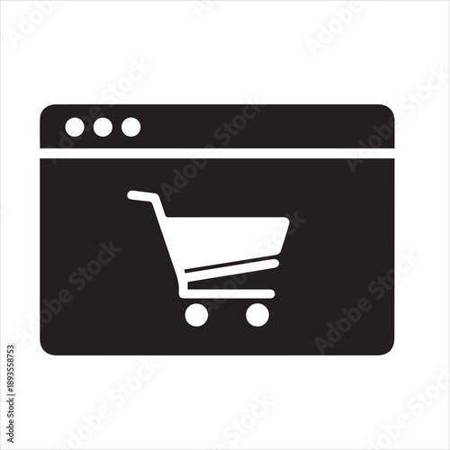 a large minimal vector icon of a browser window with shopping cart, solid black silhouette, centered on white background