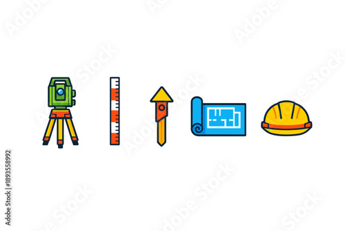 Construction tools and equipment used in building projects include a theodolite, measuring stick, compass, blueprint, and hard hat