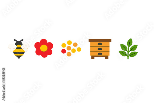 In a garden, a bee visits a flower, collecting pollen, as a beehive sits nearby with green plants around it