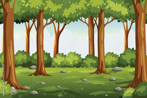 A lush forest scene depicts tall trees green grass and scattered rocks high quality