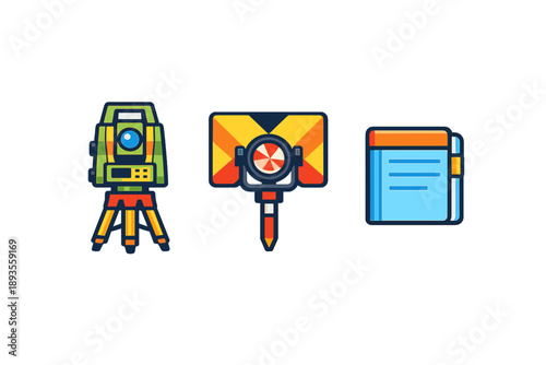 Equipment used for land surveying includes a total station, a drawing tool, and a notebook for notes and measurements in a project site during the day