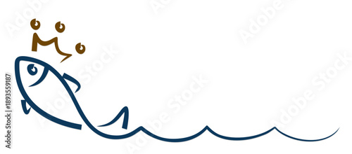 Symbol of fish with crown and wave.
