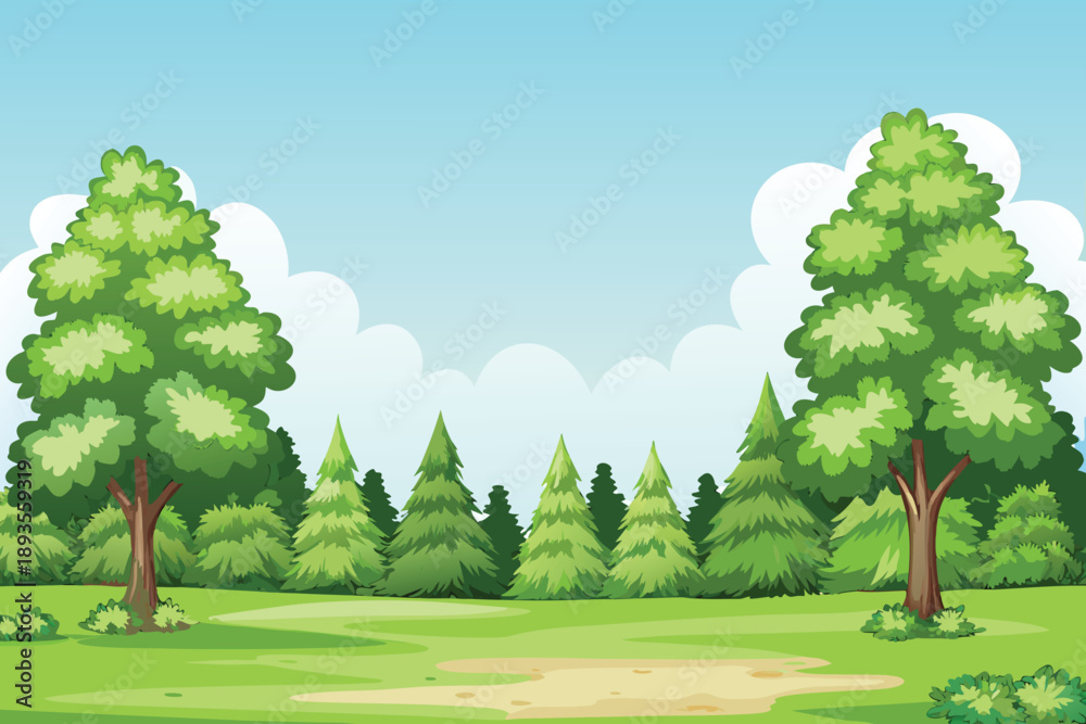 Obraz premium A vibrant landscape depicts lush green trees and a bright blue sky high quality