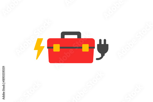 Red toolbox with electric plug and lightning bolt for DIY projects at home or work in a simple design