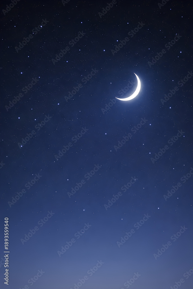 Fototapeta premium Minimalist night sky background with a glowing crescent moon and scattered stars, soft blue gradient atmosphere, calm and peaceful mood, clean composition with copy space, no people, no text, no logos