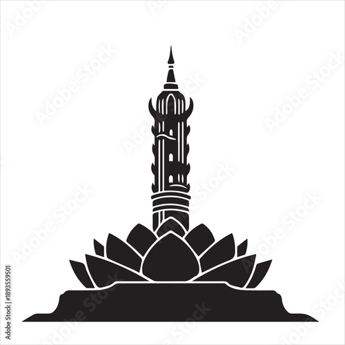 A large, minimalist vector icon depicting Vietnam's One Pillar Pagoda, a solid black silhouette, positioned in the center against a white background.