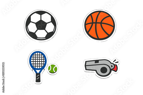 Sports equipment for soccer, basketball, tennis, and a whistle used by coaches during games or training sessions