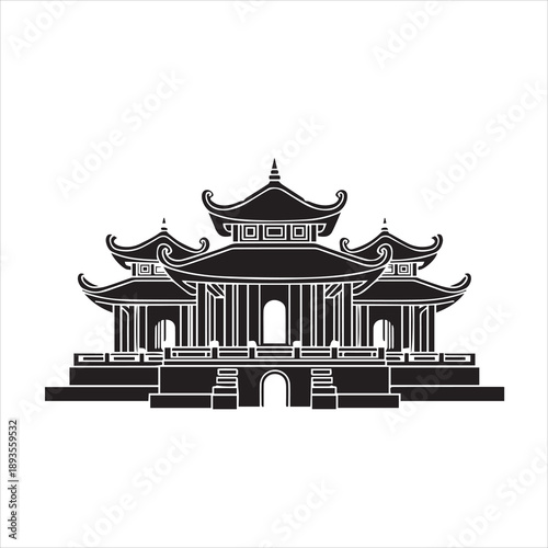 A large, minimalist vector icon depicting Vietnam's One Pillar Pagoda, a solid black silhouette, positioned in the center against a white background.