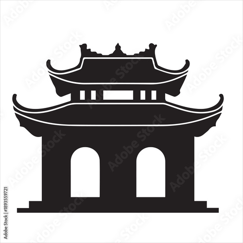 A large, minimalist vector icon depicting Vietnam's One Pillar Pagoda, a solid black silhouette, positioned in the center against a white background.
