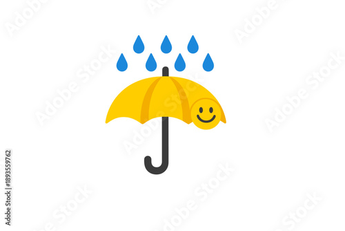 Bright yellow umbrella with a smiley face and raindrops falls on the umbrella in a playful representation of a rainy day