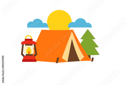 Bright sun shines over a camping scene with a tent and a lantern beside tall trees during daytime in a nature setting