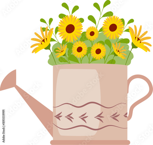 Illustration of Wild Yellow Flowers in a Watering Can