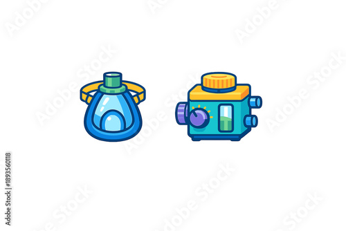 A pair of colorful items used for underwater exploration shows a diving mask and an underwater camera situated against a plain background