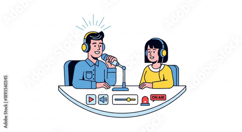 Two people in headphones recording a podcast with microphone and audio equipment on a studio desk flat vector illustration for media and broadcasting
