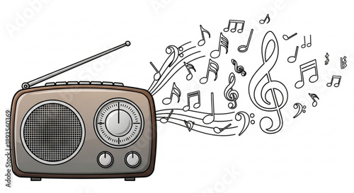 Vintage radio broadcasting musical notes retro entertainment concept with sound waves and treble clef isolated on white background