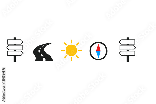 Direction signs, road, sun, and compass symbols represent navigation concepts and travel experiences in a simple, easy-to-understand design