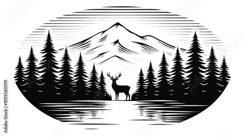Vector illustration of deer in forest with mountain landscape
