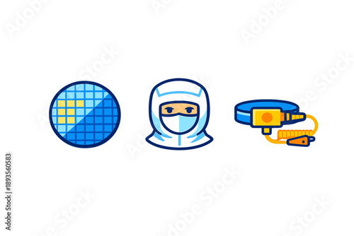 A graphic showing a globe, a person in a protective suit, and a piece of equipment used in science or lab work