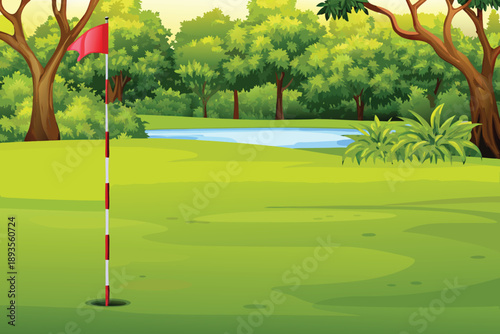 A vibrant green golf course features a red flag and a serene pond