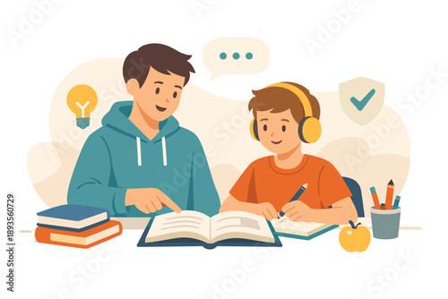 Father and son study together at home while the boy takes notes and wears headphones