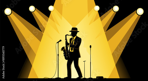 Jazz musician playing saxophone under spotlights, vector illustration of a solo performance on stage