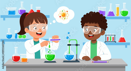 Vector illustration of two excited children in lab coats experimenting with colorful liquids in a science classroom