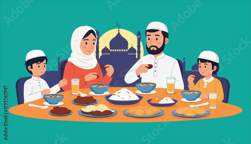 Flat vector illustration of a Muslim family eating Iftar dinner together at a table with a mosque and moon background