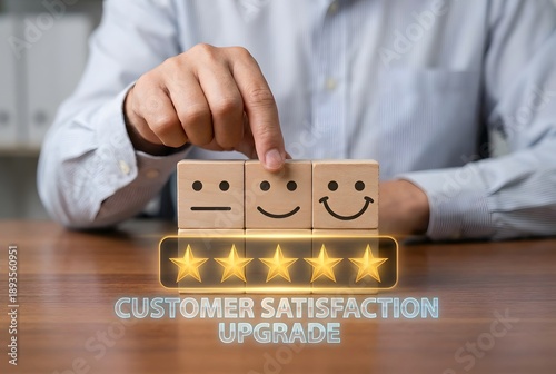 Person selecting a smiley face on wooden cubes to indicate customer satisfaction upgrade on a wooden table
