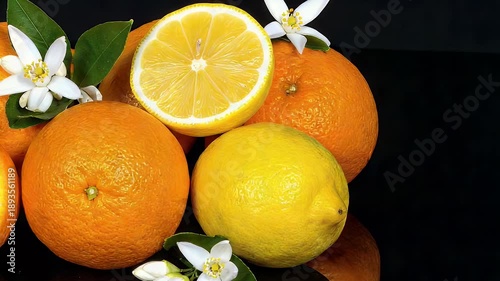 Oranges, lemons, blossoms on dark surface. Cut fruit display