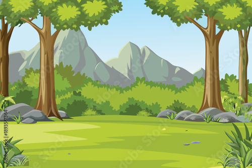 A vibrant landscape shows lush green trees mountains and a grassy field high quality
