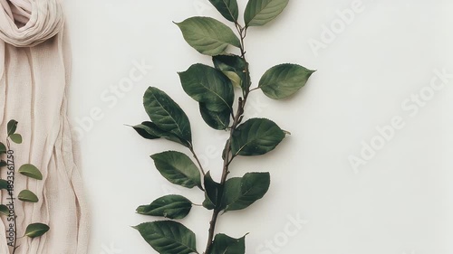 A beige fabric draped beside leafy green branches on a white backdrop