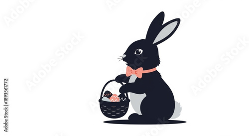 Black rabbit holding an Easter egg basket illustration on a white background from a front viewpoint