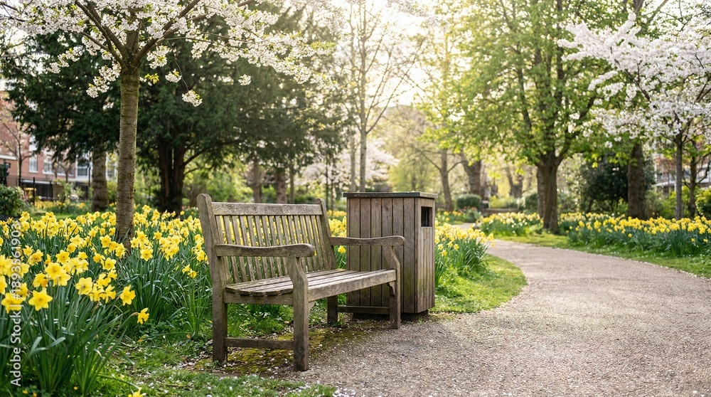 Fototapeta premium Empty weathered wooden park bench sits beside a gravel pathway lined with vibrant yellow daffodils beneath blossoming spring trees in a sunlit garden setting.