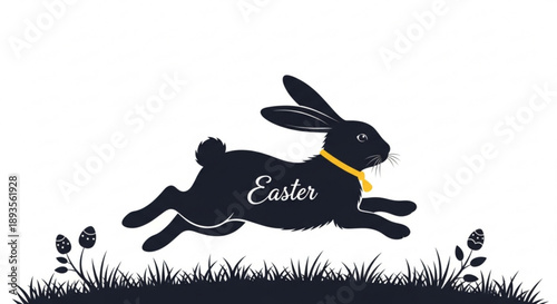 Silhouette of a black Easter bunny running swiftly through a grassy landscape with blooming flowers, captured from a side viewpoint.