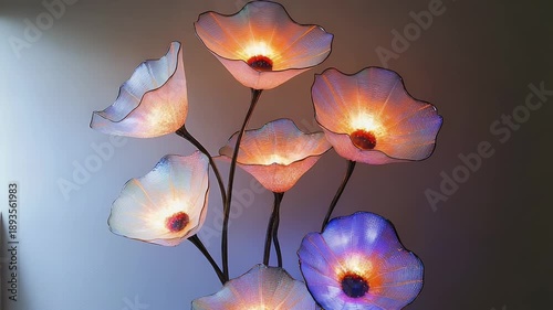 A sculptural flower lamp with glowing petals in shades of pink, white, and purple