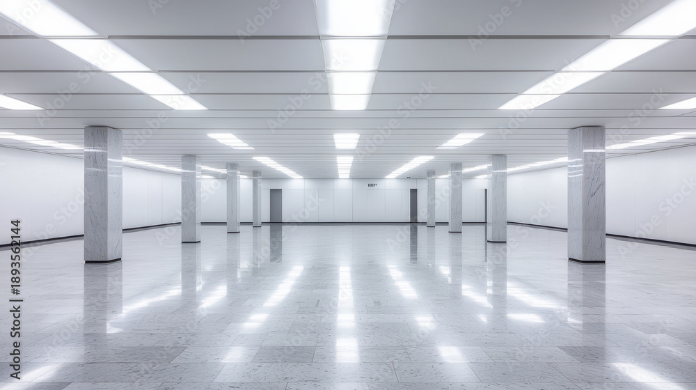 Obraz premium Spacious modern office space with minimal design, white walls, marble columns, reflective floor, and bright ceiling lights, creating clean and empty atmosphere