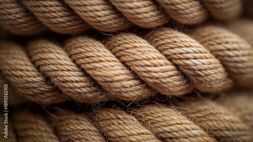 Close-up of intertwined, thick rope, fibrous texture, natural light, blurred background