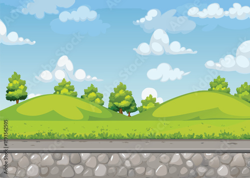 A simple landscape scene shows rolling green hills beneath a bright blue sky