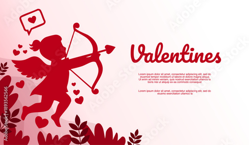 red cupid angel silhouette holding bow and arrow for valentines day card