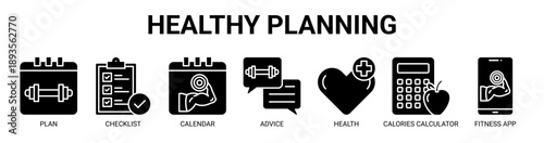 Healthy Planning web banner icon vector illustration concept with icon of plan, checklist, calendar, advice, health, calories calculator, and fitness app.