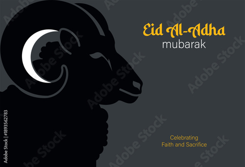 Eid Al-adha mubarak text with sheep illustration, muslim sacrifice festival.