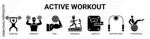 Active Workout web banner icon vector illustration concept with icon of exercise, workout, gym, treadmill, weights, skipping rope, and fitness ball.