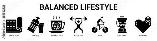 Balanced Lifestyle web banner icon vector illustration concept with icon of yoga mat, water, herbal tea, exercise, bike, smoothie, and health.