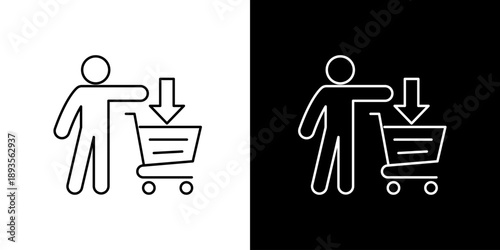 Shopping cart icon representing a person adding an item to their shopping basket, a symbol for e-commerce and online retail