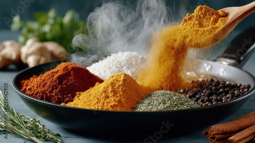 Spices in a pan steam rising, curry powder pouring from a spoon