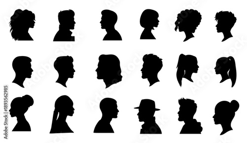 set of black silhouettes featuring various men and women profile heads