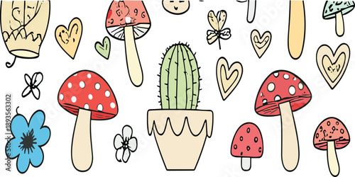 Cute hand drawn mushroom and cactus pattern vector background with hearts and flowers for whimsical kids design