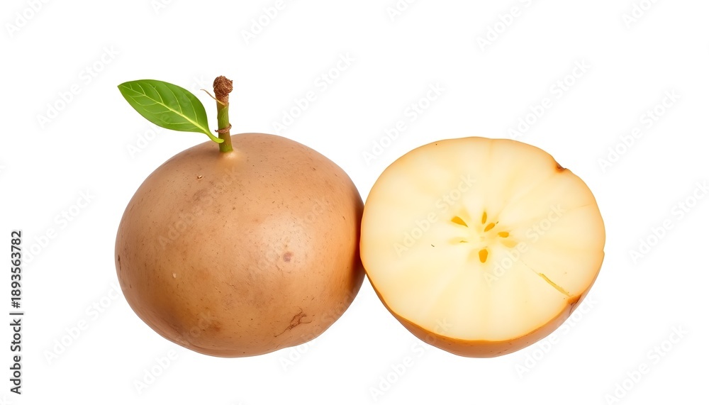 Fototapeta premium “Whole and halved sapodilla fruits on white background, one with green leaf on stem, sliced fruit reveals light brown translucent flesh and star-shaped seed arrangement, realistic texture and lighting