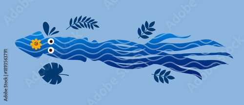 blue lizard reptile silhouette with wavy patterns and tropical leaf ornaments decor
